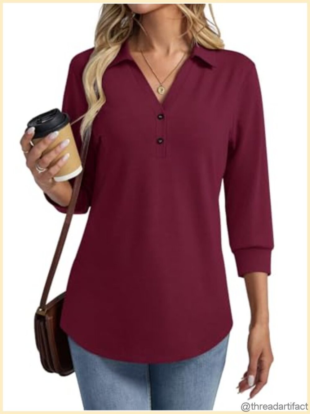 Womens 3/4 Sleeve Polo Shirt V Neck Henley Collared Summer Top